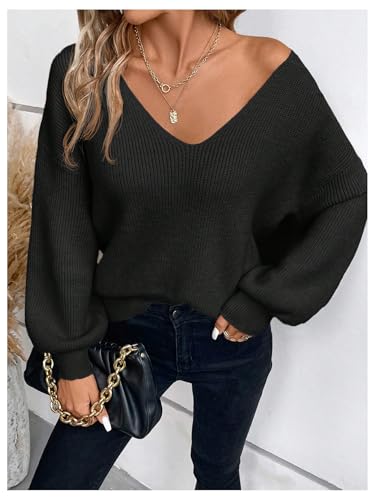 Image of GORGLITTER Women's Bow Fall Sweaters 2025 Cable Knit Chunky Oversized Long Sleeve Backless V Neck Pullover Tops
