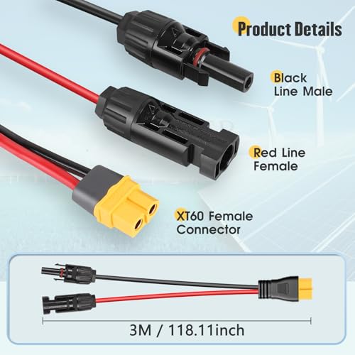Thlevel Solarladekabel Solarstecker auf XT60 300cm 12AWG Adapterkabel Solarpanel Kabel für Solargenerator Batterie Tragbare Powerstation