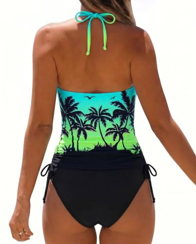 Image of Womens Two-Piece Tankini Set Cow Skull with Leopard Print Sets Swimwear Tankini Top Sets Swimwear