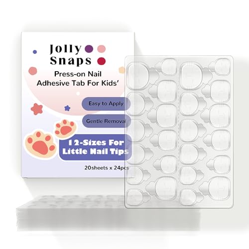 Jolly Snaps XS Non-Toxic Nail Adhesive Tabs for Kids | 480 PCS Extra Strong Sticky Tabs for Press On Nails | Waterproof, Ultra Thin & Easy to Use | 20 Sheets Nail Glue Tabs