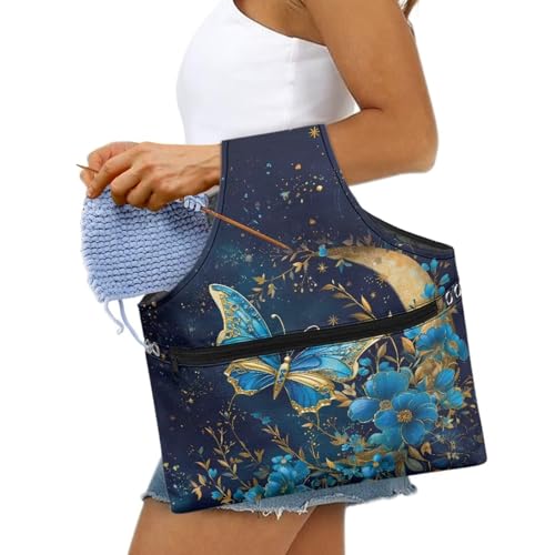 Image of KUIFORTI Butterfly Yarn Bag Blue Knitting Bags Crochet Bag Organizer, Drawstring Yarn Storage Knitting Bags, Yarn Holder for Crocheting Project, Store Skein Ball, Needles Accessories Large Size