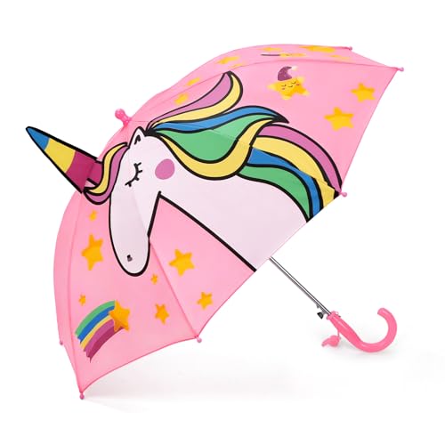 decalsweet Parapluie Enfant avec 3D Licorne, Coupe-vent et Durable Parapluie pour Filles Garçons avec Sifflet, Facile à Transporter Parapluie Pliant Enfant, Léger Parapluie Canne (Rose)