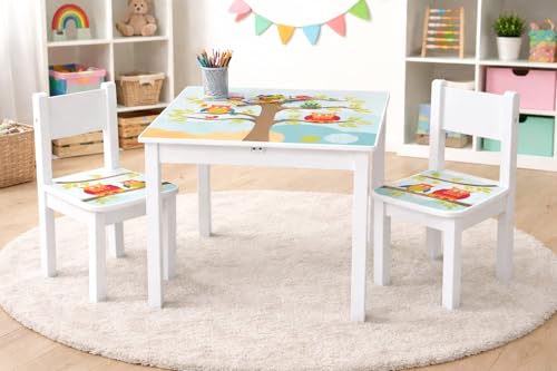 BAYAGU Mesa Infantil de Madera con 2 sillas – Diseño búhos con impresión UV Resistente – Set Mesa y sillas para niños 2-6 años – Mesa para Dibujar, Jugar y Aprender – 60x60x49 cm