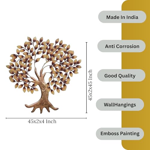 Image of Bharat Art Metal Big Tree Wall Art with LED Light Handcrafted Iron Wall Hanging for Living Room Bedroom Hall Office Entrance | Zora Tree B Golden 45 x 2 x 45 Inch | WD111 (B)