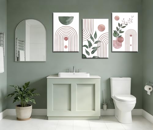 Image of Frimeeme Framed Large Boho Pink and Green Canvas Print Set of 3,16x24 In | Abstract Leaves Geometry, Ready to Hang