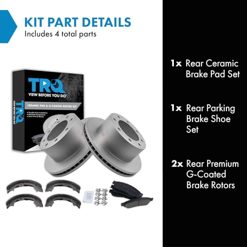 Image of TRQ Rear Brake Pad & Rotor Kit Parking Brake Shoe Set Ceramic Premium G-Coated Compatible with 2008-2010 Ford F-250 Super Duty 2005-2012 F-350 Super Duty