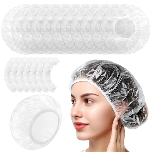 100 Stück Einweg-Duschhauben, Duschhaube, wasserdichte, transparente Duschhaube aus Kunststoff, Wiederverwendbar, Elastische Haarduschhaube, für Salon, Spa, Reise, Hotel, Dusche, Heimgebrauch