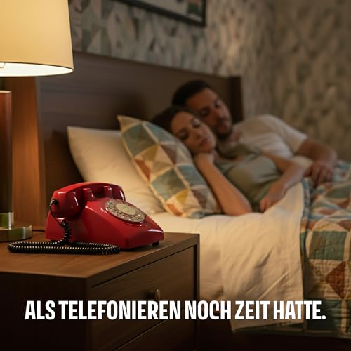 Opis Technology 60s Cable Retro Telefon mit Wählscheibe – Klassisches Festnetztelefon, mechanische Metallklingel & Vintage Design, kompatibel mit modernen Routern (FritzBox etc.) – Rot