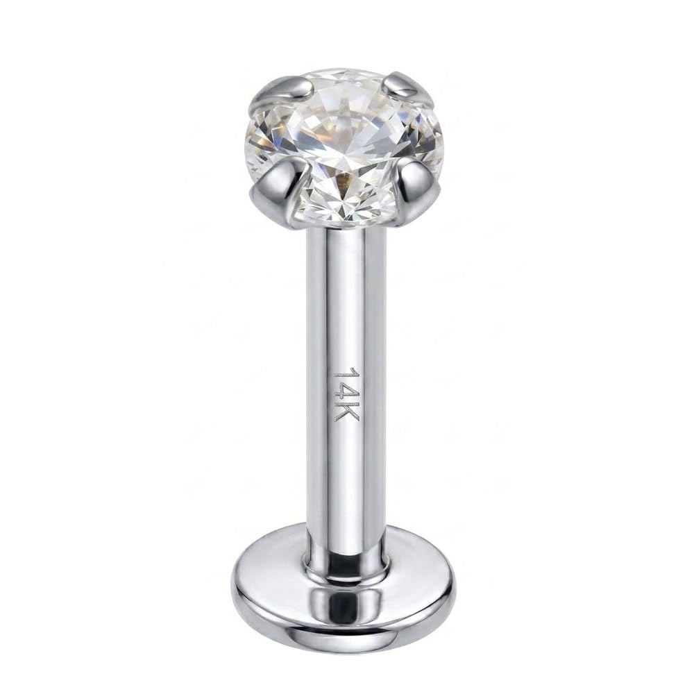 Piercing de labio de oro amarillo macizo de 14 quilates, oro blanco, circonita cúbica redonda, sin rosca, parte superior de calibre 16, parte trasera plana, piercing de barra para tragus
