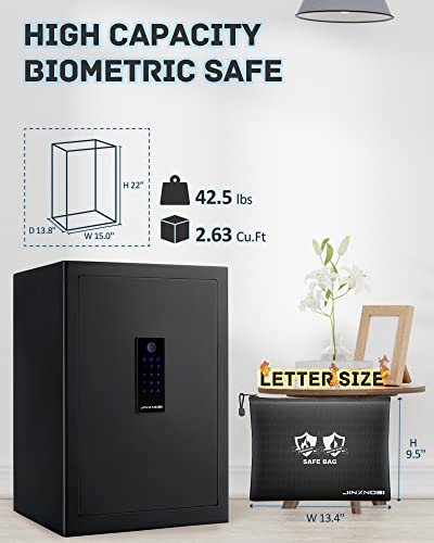 Jinxnobi 2.63 Cubic Feet Fingerprint Safe With Big Fireproof Waterproof Safe Bag,Smart Biometric Safes For Home Office Hotel,Finger Touch Security Safe Box With 5 Gun Rack To Hold Pistols #TOP1