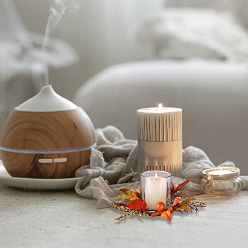 Decorative Tealight Candle Holder, Glass Votive Candle Holders Sets Of 4 With Artificial Pumpkins Maple Leaves Wreath Ring For Thanksgiving And Halloween Table Fall Decor Centerpieces #TOP2