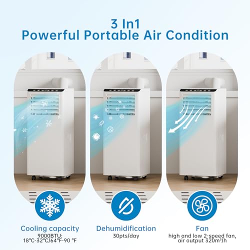 Portable Air Conditioner 9000 BTU, 3-in-1 AC Unit for Cooling, Dehumidifying & Fan Mode, Low 51 DB Quiet Operation, Remote Control, Dual Display, 24H Timer, Sleep Mode, Ideal for Room Home Office - Image 2