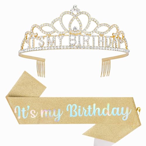 KIUEZIR - KIUEZIR “It’s My Birthday” Tiara and Sash Set in Gold - Shiny Rhinestone & Alloy Crown Headband with Comb & Glitter Sash & Adjustabel Pin, Perfect Headwears for Women's Birthday Party or Celebrations