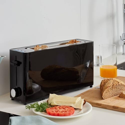 Bastilipo - Firefox AN-900 Toaster, Schwarz, Langschlitz, 900 W – Auftaufunktion – Krümelschublade