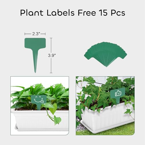 GROWNEER 3 Packs 17 Inches White Flower Window Box Plastic Vegetable Planters Long Pots with 15 Pcs Plant Labels for Outdoor Indoor Windowsill Patio Garden Home Decor Porch