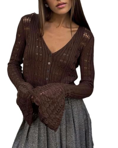 Women Crochet Cardigan Button Down Bell Long Sleeve V Neck Knit Crop Shirts Lightweight Sweater Tops - Main Image