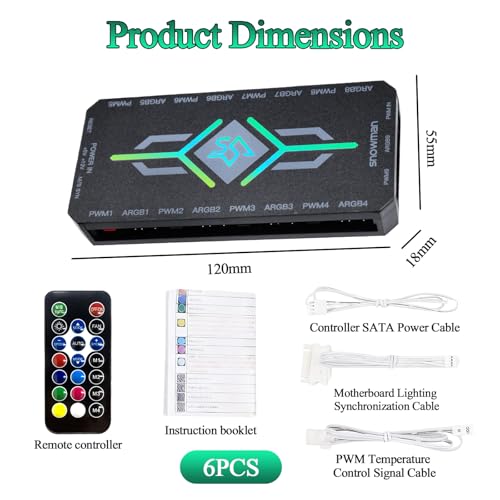 ONGNIUU ARGB PWM Hub de Ventiladores para PC con Control Remoto, Equipado con 9 Puertos PWM (4 pines) y 9 Puertos ARGB (5 V 3 pines), Base Magnética y Alimentación SATA de 18 Puertos (Negro) - imagen 2