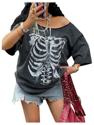 Women's Plus Size Gothic Graphic Tees Y2K Distressed Off The Shoulder Tops Streetwear Summer Tops