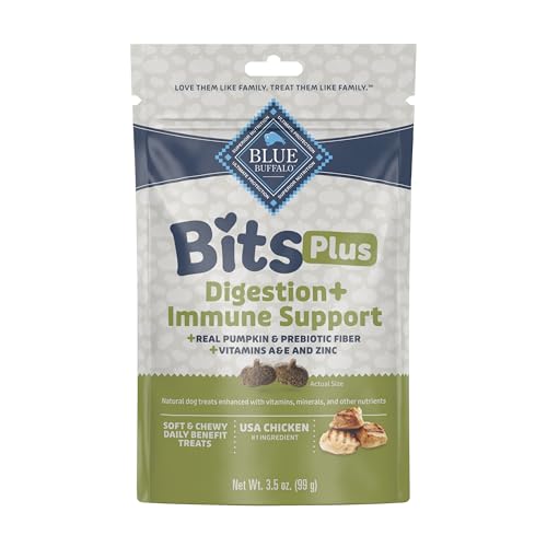 Blue Buffalo Blue Bits Plus Skin & Coat and Immune Support Daily Benefit Dog Treats, Soft & Chewy Salmon Morsels, 3.5-oz. Bag