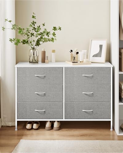 SONGMICS Kommode mit 5 Schubladen, Aufbewahrungsschrank mit 6 Stoff-Schubladen, 40 x 117 x 77,5 cm, modern, weiß-hellgrau LTS833W01