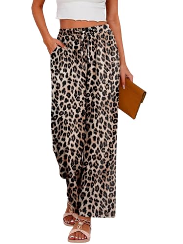 Fall Palazzo Pants for Women Drawstring Pants with Pockets Leopard L