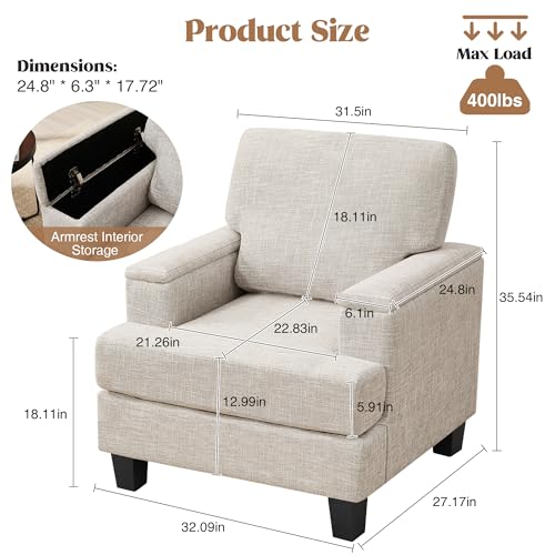 Image of Accent Chairs Set of 2 with Armrest Storage, Modern Reading Living Room Chair, Upholstered Comfy Large Armchairs, Fabric Single Sofa Chair for Bedroom (Beige)