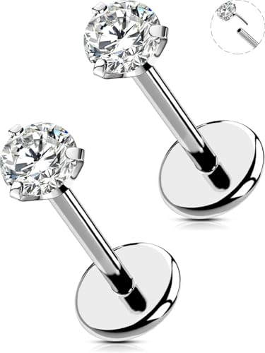 OUFER 2PCS Nose Rings Studs, G23 Solid Titanium Threadless 20G Nose Stud Flat Back, Clear CZ 2.5MM Nose Rings for Women Men-6MM