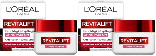 L'Oréal Paris Tagespflege ohne Parfum, Anti-Aging Feuchtigkeitspflege für das Gesicht, Auch für sensible Haut, Mit Probiotika, Revitalift Klassik, 50ml (Packung mit 2)