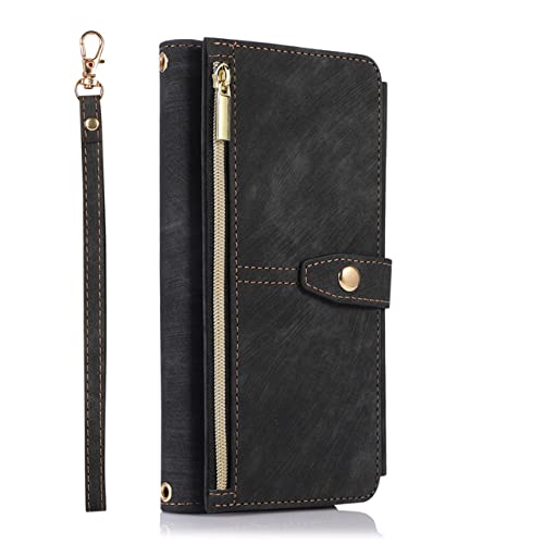 Porte-cartes iPhone amovible et étui zippé grand format en cuir noir
