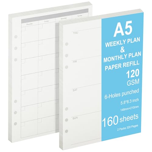 A5 Cornell Notes & Daily Timeline Planner Refill Paper Set, 6-Ring Binder Inserts, 120gsm Thick Paper, 160 Sheets/320 Pages, Note Taking & Hourly Schedule Inserts (Monthly & Weekly)
