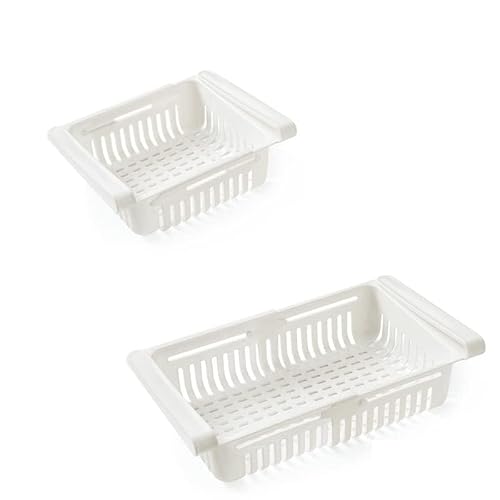 Gsycle 2Pcs Expandable Fridge Drawer Organizer, 20-28cm Adjustable Under Shelf Refrigerator Bins with Ventilation - Snap On Freezer Organizer for Eggs, Fruits, Vegetables, Snacks (White)