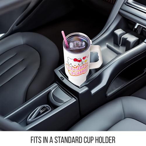 Image of Silver Buffalo Sanrio Hello Kitty Name and Hearts Double Walled Stainless Steel Tumbler with Handle and Straw, Fits in Standard Cup Holder, 40 Ounces