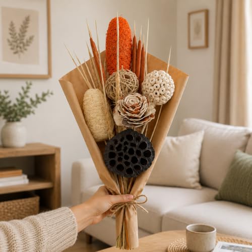 FLORA & FROND Decorative Dried Flower Bouquet, Rustic Lotus Pod F...