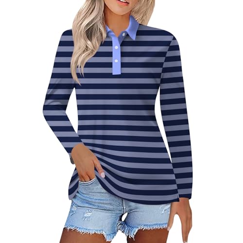 Womens Striped Polo Shirts Ladies Jumpers Long Sleeve Lapel Casual Color Block Patchwork Work Shirts Tops Outdoor Breathable Lightweight Performance Sport Golf Tennis T Shirts Dark Blue