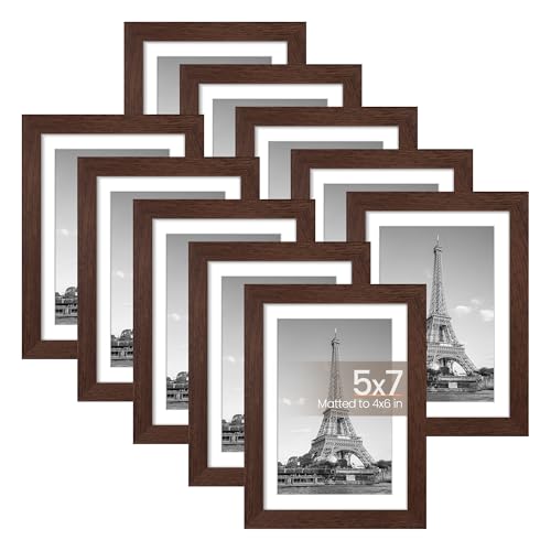upsimples 5x7 Picture Frame Set of 10, Display Pictures 4x6 with Mat or 5x7 Without, Multi Photo Frames Collage for Wall or Tabletop Display, Brown