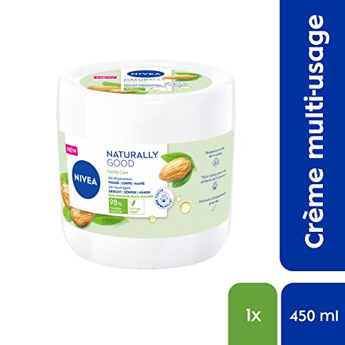 NIVEA NATURALLY GOOD Family Care Crème multi-usage pour toute la famille (1 x 450 ml), Crème 3-en-1 enrichie en huile d’amande douce 100% naturelle, Soin visage corps et mains