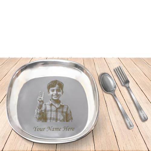 Image of SAVRI Personalized Stainless Steel Plate Set for Kids - Customized Laser Photo & Name Printed | Plate, Spoon & Fork Combo for Baby, Toddler & Children | Birthday, Return Gift & Daily Use (3 Pieces)