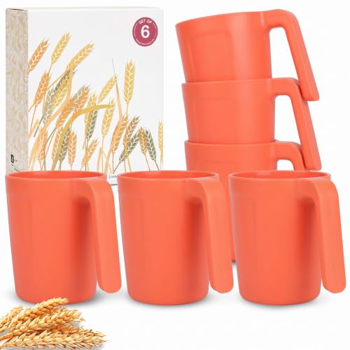 Wrova 16oz Wheat Straw Cups with handles set of 6-Plastic Cups Reusable-Unbreakable Kids Mugs-Dishwasher Safe & Microwave Safe-Ideal Plastic Mugs for Tea,Coffee,Camping,RV-Orange