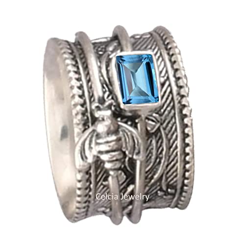 Bague de méditation femme argent 925 avec topaze bleue naturelle unique