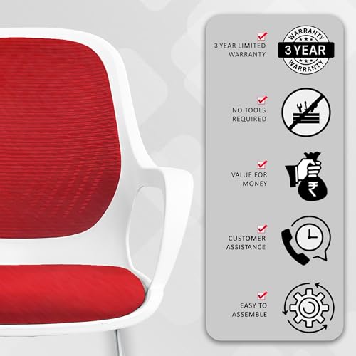 Image of ROSE Zaria | 3 Years Brand Warranty | Ergonomic mesh mid-Back Office Chair, Perfect for Study, Work from Home, revolving, Rolling Computer Desk Chair (White & Red, Visitor)