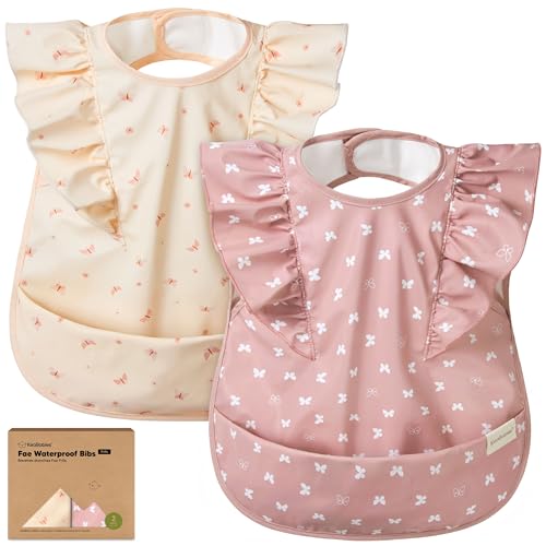 Image of KeaBabies Waterproof Bibs for Baby Girl,Boy – 2-Pack Lightweight, Large Baby Bibs for Eating, Wearable Food Catcher, 6-12 Months Infant Feeding Essentials, Smock for Toddlers 1-3, Kids (Butterflies)