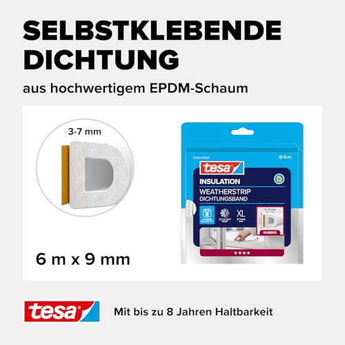 tesa INSULATION Gummidichtung XL - Selbstklebende Dichtung zum Isolieren von Spalten an Fenstern und Türen - Weiß - 6 m x 9 mm x 7 mm