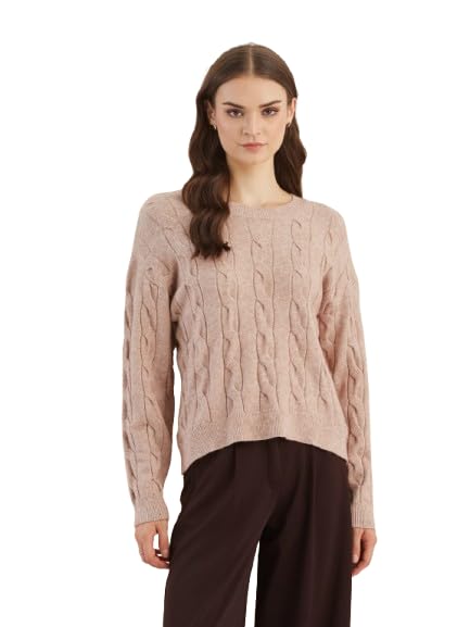 latin quarters Women's Beige Round Neck Full Sleeves Self Design Casual Sweater-picture-31