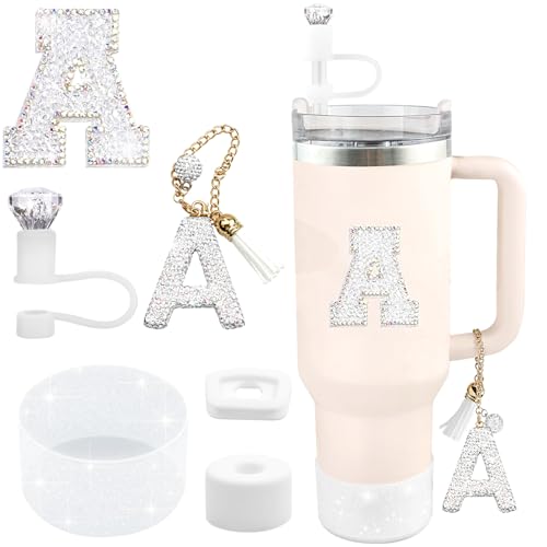 Hpebl 6PCS White for Stanley Cup Accessories Set 30/40 OZ Silver Bling Rhinestone Initials Charms for Stanley Decorations Tumbler Accessories Including Diamond Straw Topper, Spill Stopper（Letter G） - image 1