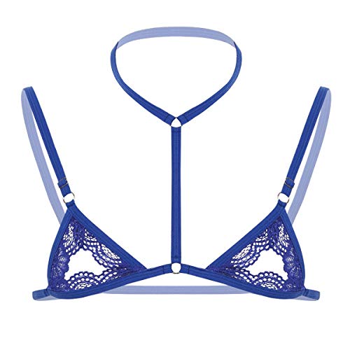 ranrann Lencería Erótica de Encaje para Hombre Sissy Sujetador Abierto Correas Ajustables Bikini Bralette Push Up Crop Top Ropa de Dormir Azul A Talla Única