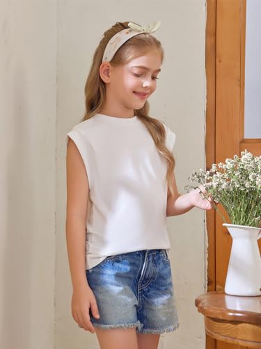 Haloumoning Girls Cap Sleeve Tops Summer Crewneck Tank Tops Cute T-Shirt Blouse 5-14 Years2
