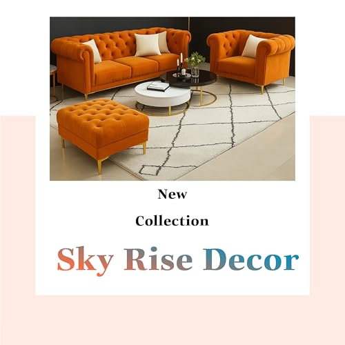 Image of Modern Classic 5 Seater Sofa Set Couch Fabric & Velvet Tufted 3+1+1Footrest Chesterfield Sofa Living Room and Office (3+1+1Footrest Orange) | Premium Material