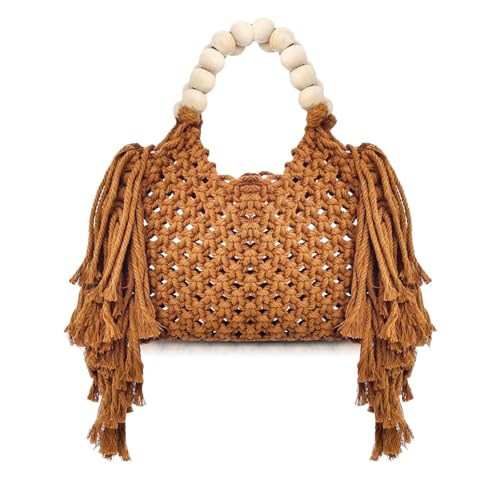 Bolsa tejida de algodón para mujer con asa de cuentas de madera