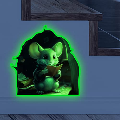 Cute Mouse Hole Wall Decor Sticker Glow In The Dark, Mouse Reading Book Funny Wall Art Decals, Adorable Peel And Stick Mice Room Decor, Classroom, Bedroom, Bookcase Decoration #TOP11