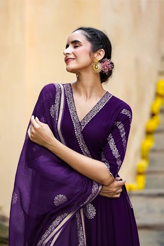 Image of GoSriKi Women's Cotton Blend Printed Anarkali Kurta with Pant & Dupatta | Ethnic Wear for Women | Indian Casual Office Daily Summer Outfit
